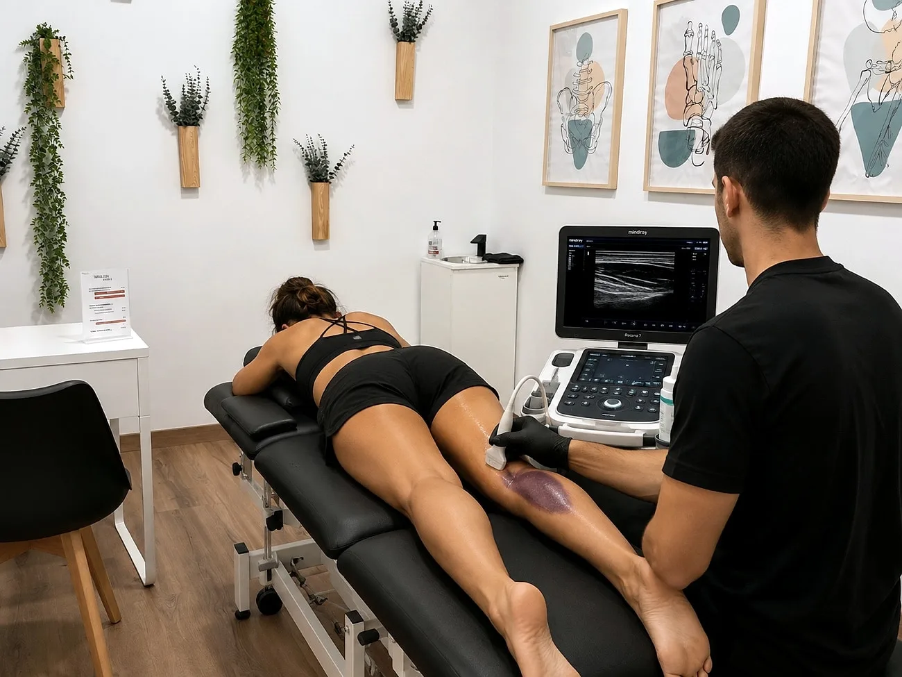 Fisioterapeuta de Physeo Clinic fent una ecografia musculoesquelètica de la cuixa a una pacient, Terrassa