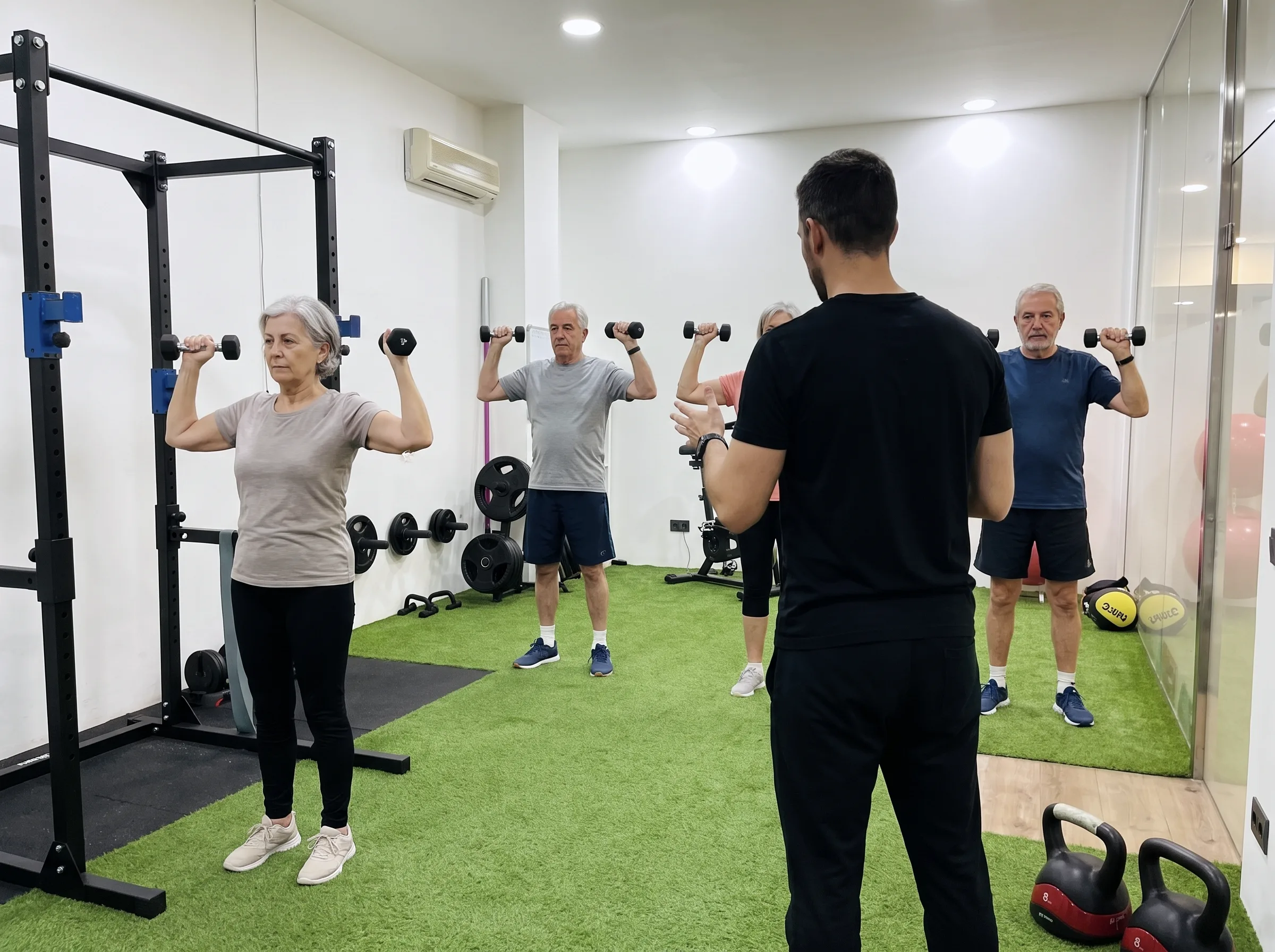 Grup de gimnàstica per a grans entrenant amb manuelles i supervisió de fisioterapeuta
