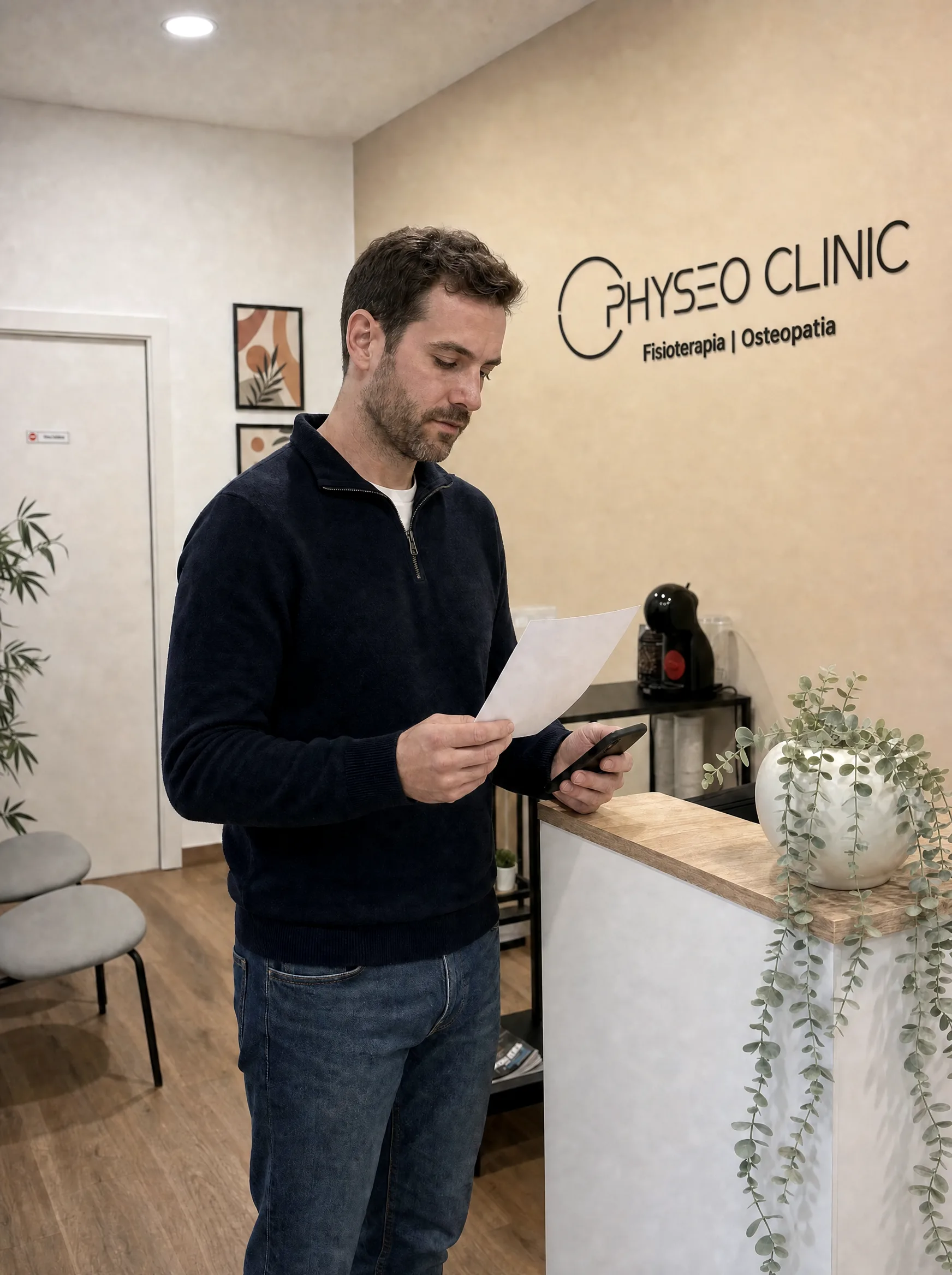 Pacient revisant la seva factura i reemborsament a la recepció de Physeo Clinic