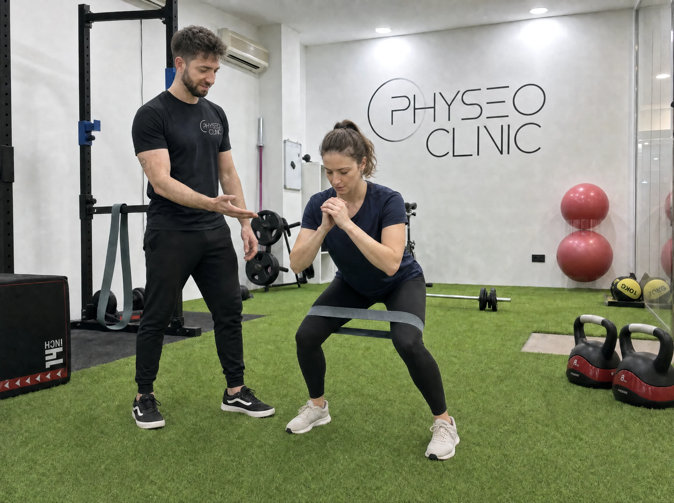 Ejercicio de readaptación deportiva con material funcional en Physeo Clinic